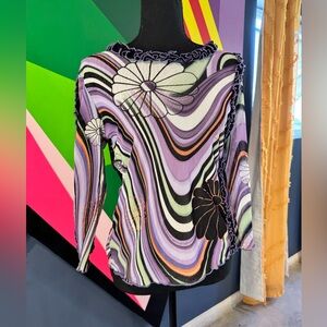 Clio Y2K Sheer Mesh Top | Pucci-Inspired Abstract Swirl Floral